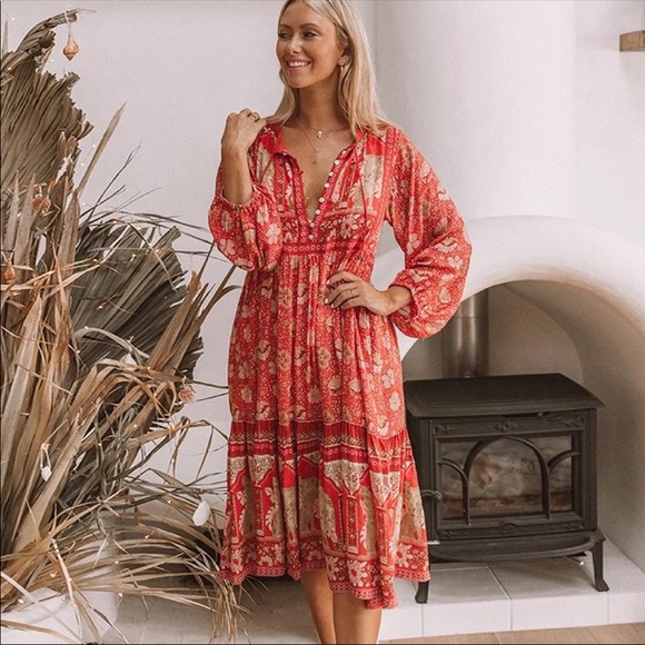 Poinciana Cherry Boho Gypsy Cotton Dress - Picture 4 of 8